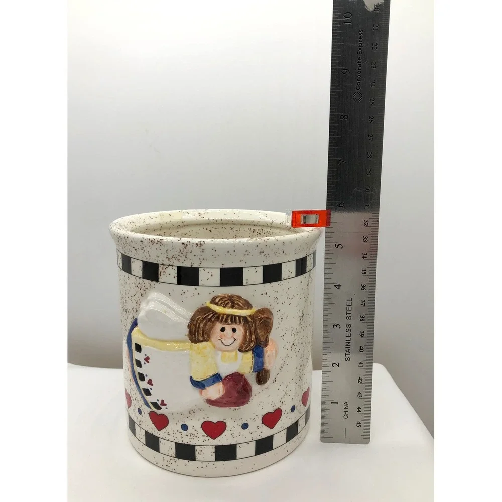 Vintage Ceramic Angel Baking Utensil Crock Heart Checkered Farmhouse Canister